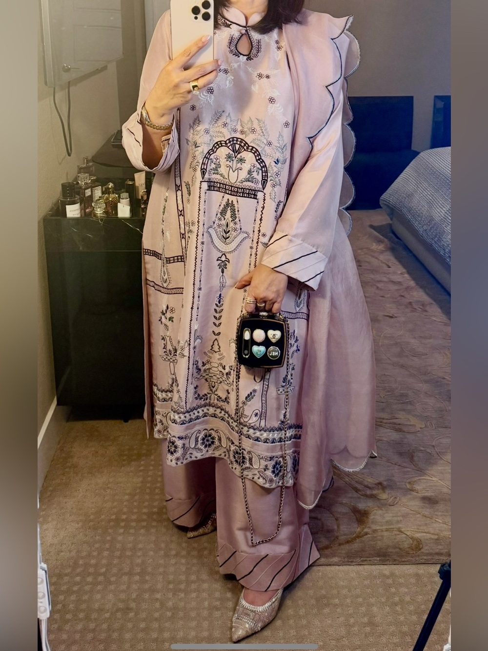 Embroidered Long Sleeve Pink Tunic Dress Set